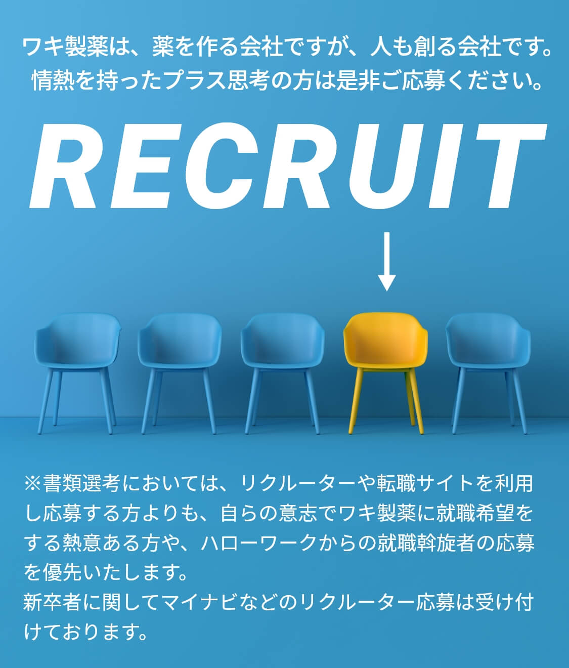 ワキ製薬は、薬を作る会社ですが、人も創る会社です。情熱を持ったプラス思考の方は是非ご応募ください。※書類選考においては、リクルーターや転職サイトを利用し応募する方よりも、自らの意志でワキ製薬に就職希望する熱意ある方や、ハローワークからの就職斡旋者の応募を優先いたします。新卒者に関してはマイナビなどのリクルーター応募は受け付けております。